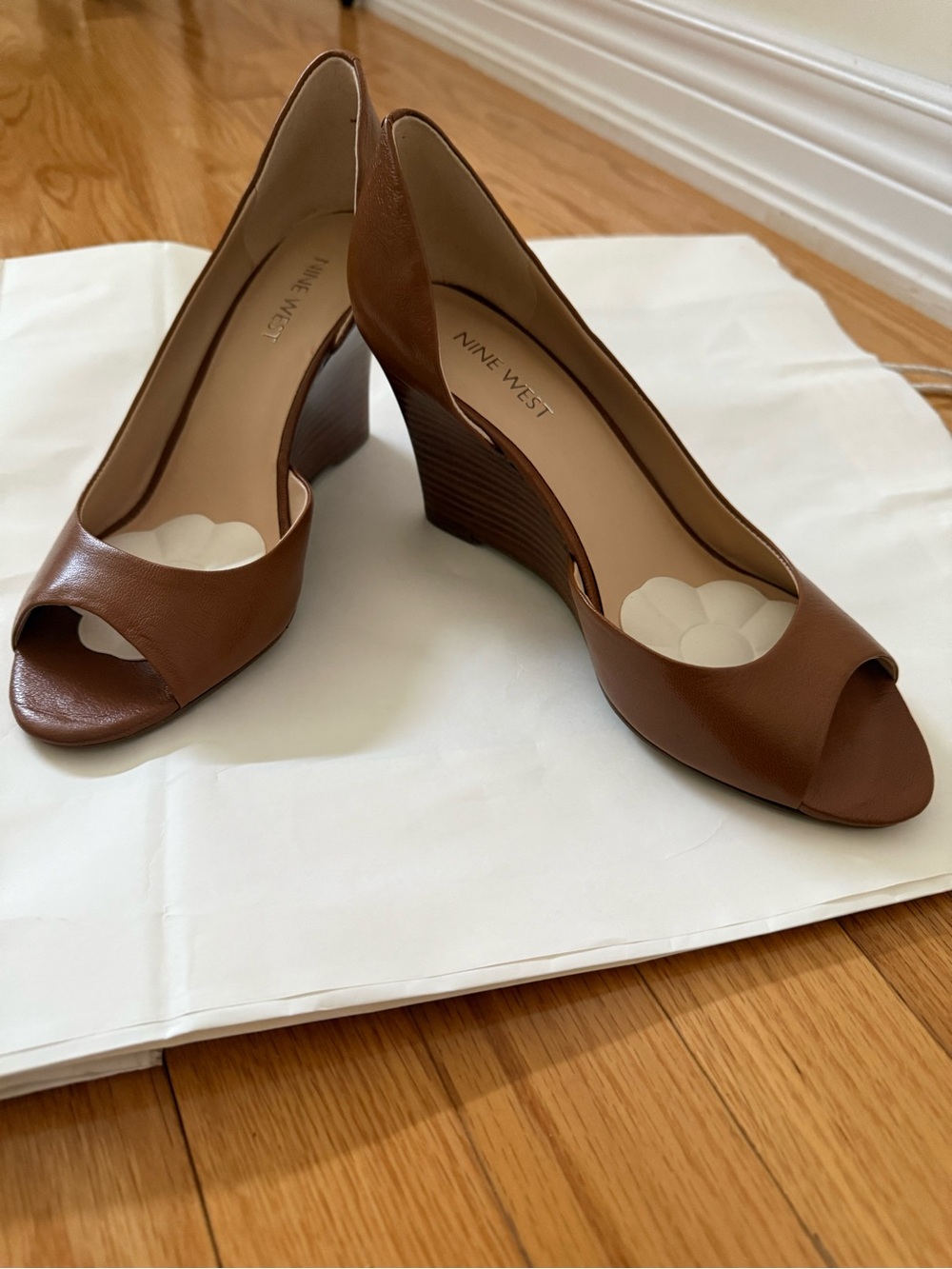 Nine West Brown Leather Peep-Toe Wedge Heels